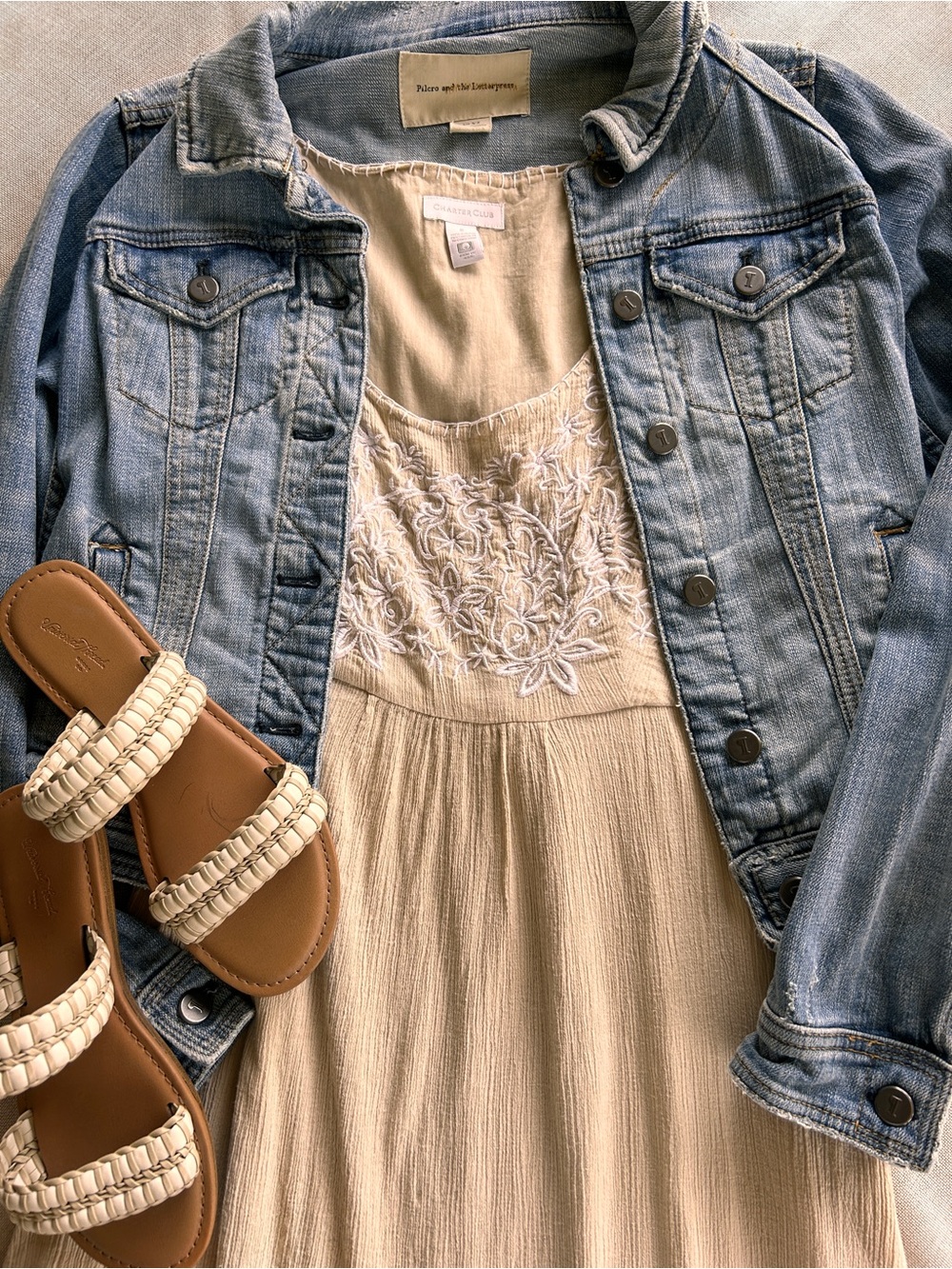 Charter Club Cream & White Embroidered Gauzy Dress - Size 8 or Medium